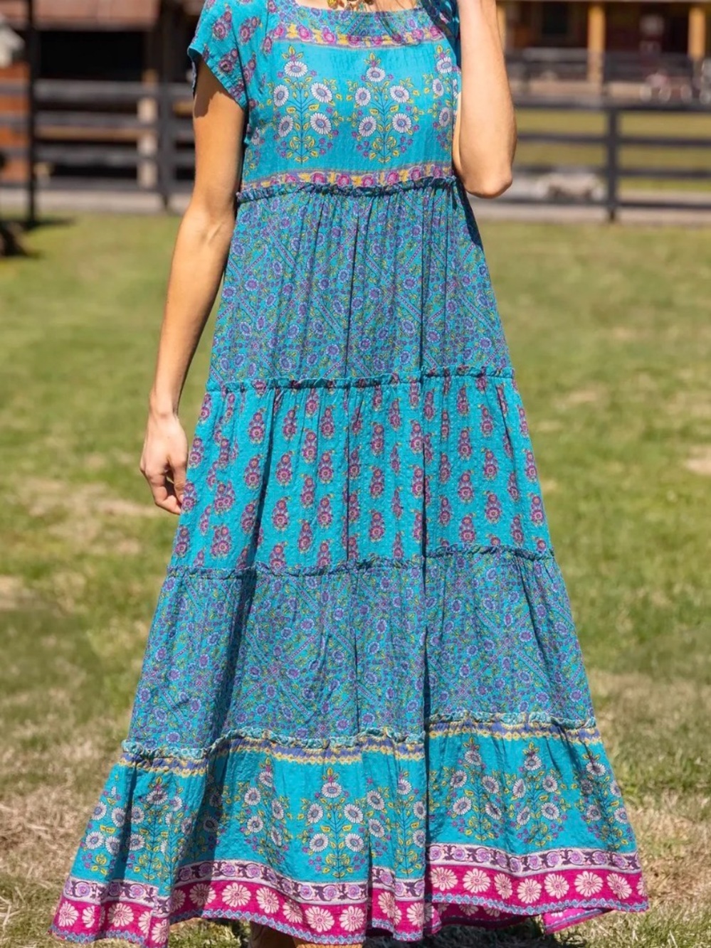 Natural Life Berkley Maxi Dress Teal Wildflower Short Sleeve Size Medium